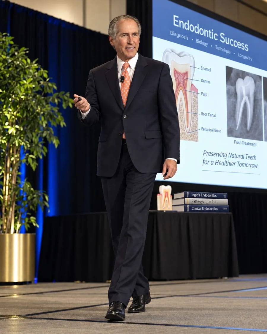 Dr. Garry L. Bey lecturing to dentists on stage