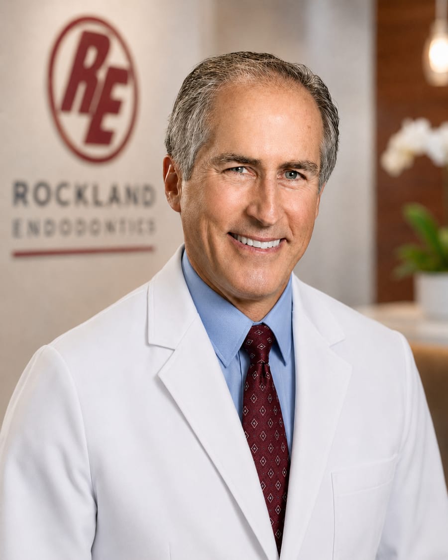 Dr. Garry L. Bey in a white coat at the Rockland Endodontics office