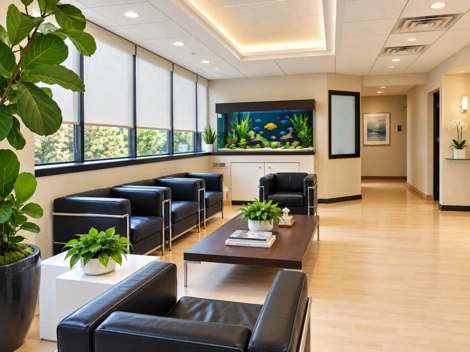 Waiting area with aquarium at the Pearl River office